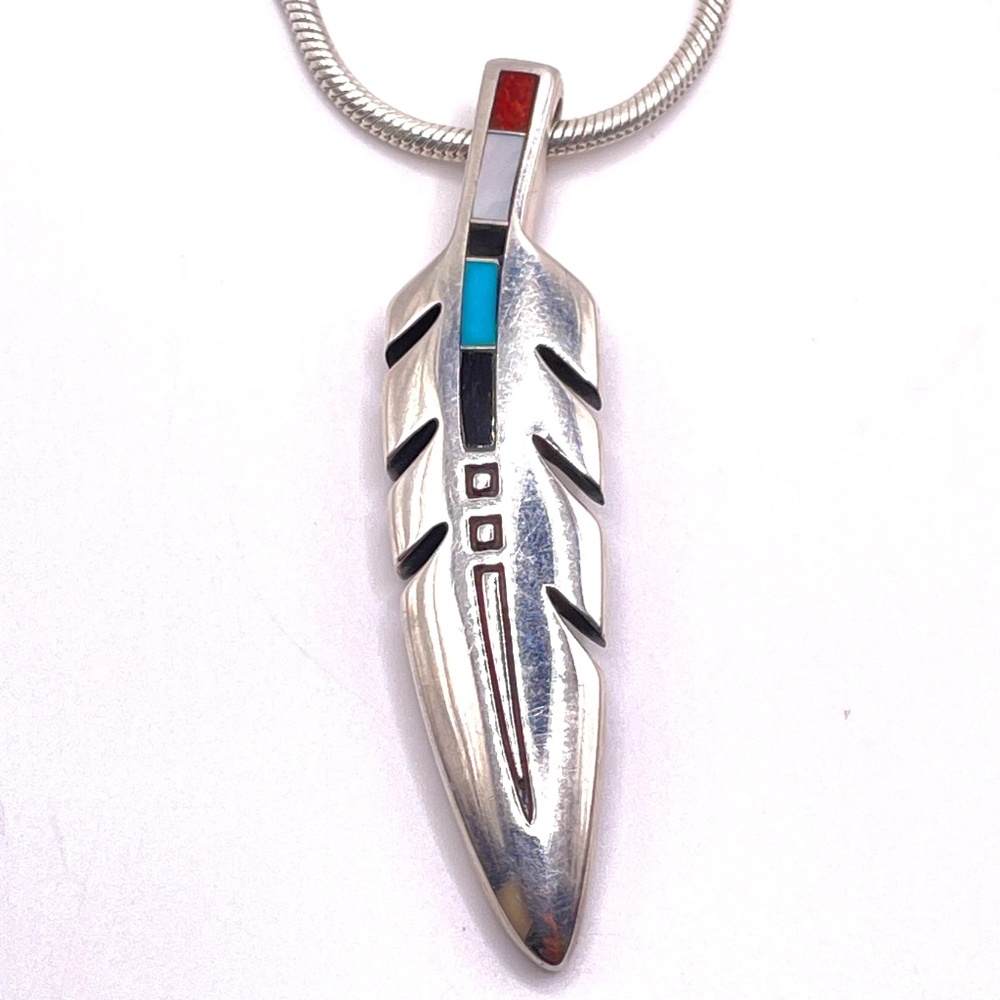 Ray Tracey Navajo Eagle Feather Necklace Turquoise Onyx Coral Inlay Pendant 925